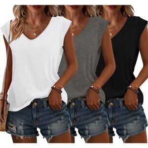 3 Pack Womens Cap Sleeve Tops V Neck T Shirts Spring Summer Casual Plus